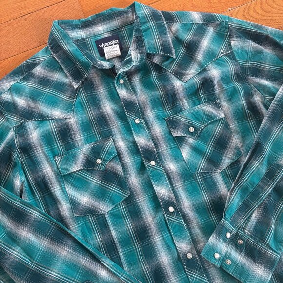 Wrangler Shirt Mens XXL 2XL Green Plaid Pearl‎ Snap Western Long Sleeve Rodeo - Picture 1 of 5